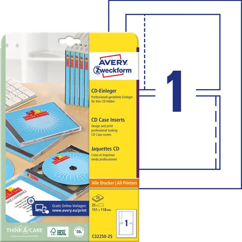 AVERY Zweckform CD-Einleger C32250-25 weiß - Gestalten Sie individuelle CD-Hüllen mit AVERY Zweckform. Das Set enthält A4-Bögen mit Mikroperforationen für einfaches Heraustrennen. Nutzen Sie die kostenlose Online-Software für kreative Designs und hochwertige Farbausdrucke.