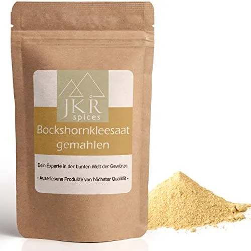 JKR Spices Bockshornklee Pulver 250g - Gemahlenes Bockshornklee-Pulver in hochwertigem Aromabeutel. Ideal zum Würzen und für Tee. 100% natürlich, handverpackt in Deutschland – für ein besonderes Geschmackserlebnis.