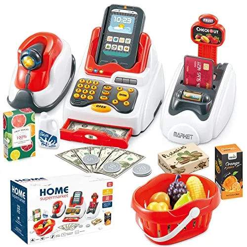 Registrierkasse SpielzeugRollenspiel Kinderkasse mit Scanner Kartenautomat Spielzeug Lebensmittel Früchte Spielgeld 33Stück Kaufmannsladen Zubehör Lernspielzeug für Kinder Geburtstag