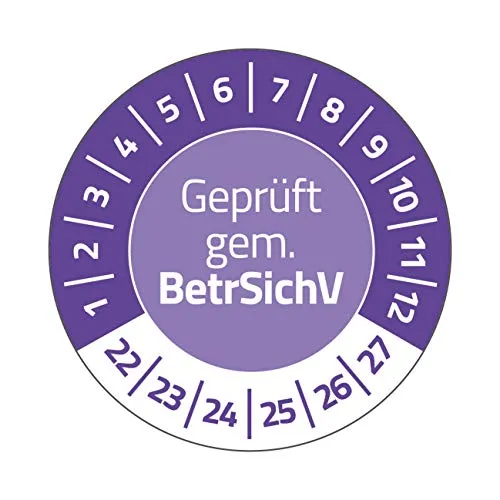 AVERY Zweckform 80 Prüfplaketten 2022-2027 Geprüft gem. BetrSichV (widerstandsfähig, selbstklebend, Ø 30 mm, Prüfaufkleber, beschriftbare Prüfsiegel aus Vinyl-Klebefolie ) Art. 6968-2022, violett