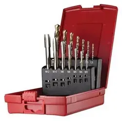 DIN Gewinde-Kernlochbohrer Set L114301 - Zubehör für Elektrowerkzeug, 14-teiliges Set für präzise ISO-metrische Gewinde von M3 bis M12, ideal für Baustahl und Aluminium mit HSS-E-PM Gewindebohrern und TiN-beschichteten Spiralbohrern.