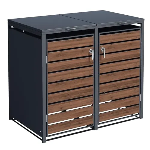 SCHARTEC® Mülltonnenbox 2er anthrazit mit dunklem Holz-Design erweiterbar 240l Mülltonnenverkleidung Mülltonnen Sichtschutz Unterstand für 2 Tonnen