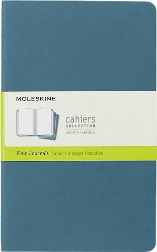 Moleskine Cahier Journal, Set 3 Notebooks with Plain Pages, Cardboard Cover with Visible Cotton Stiching, Colour Brisk Blue, Large 13 x 21 cm, 80 Pages