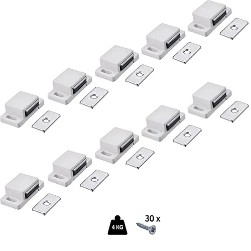 Gedotec Türmagnet stark Magnetschnapper für Möbel & Schrank-Türen | Tür-Schnapper eckig | EASY | Möbelverschluss Kunststoff weiß | Haltekraft 4 kg | 10 Stück - Türverschluss magnetisch inkl. Schrauben