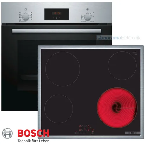 Bosch Einbau Herdset Autark mit Glaskeramik Kochfeld - Hochwertiges Herdset mit 66 L Backofen und Glaskeramik Kochfeld, ausgestattet mit Heißluft 3D und versenkbaren Drehwählern für komfortables Kochen.