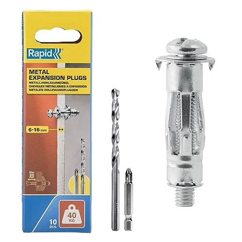 Rapid Hohlraumdübel Metall mit M5 Schraube für Gipskartonplatten 6-16 mm - Tragkraft 40 kg - Inklusive 11 mm Bohrer und PH2-Bit - Set mit 10 Dübeln für einlagige Wände