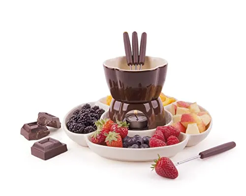 Soul Kitchen Schokofondue 7 tlg. Set 25 cl creme/braun - Schoko-Fondue-Set aus Keramik mit Edelstahl-Gabeln. Ideal für gesellige Abende, spülmaschinenfest und mikrowellengeeignet.