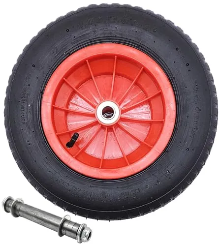Hero Schubkarrenrad Ersatzrad Luftbereifung 4.80/4.00-8 Schubkarrenreifen Reifen mit Kunststofffelge & Kugellager Gummirad Schubkarre Luftrad 2PR Reifen Rot Ø 400mm Tragelast 95kg mit Achse