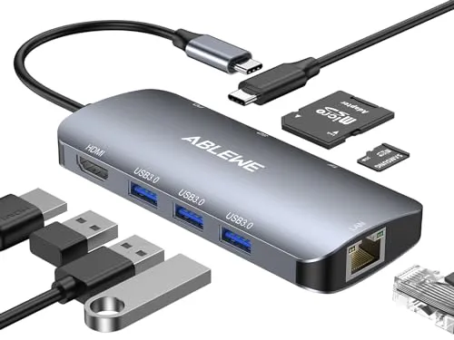 ABLEWE 8 in 1 USB C Hub mit 1000M Ethernet - USB-Kabel, -Hubs & -Adapter mit 4K HDMI, 100W PD und 3 USB 3.0 Ports für eine saubere und organisierte Arbeitsumgebung, ideal für MacBook Pro, Dell und mehr.