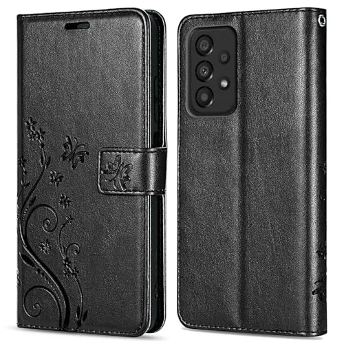 betterfon Hülle Kompatibel mit Samsung Galaxy A53 5G | Premium PU Leder Handyhülle Wallet Case für Galaxy A53 5G | Schutzhülle Blumen Klapphülle Handyhülle | Schwarz