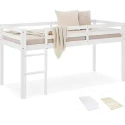 Homestyle4u Kinderbett 90x200 mit Lattenrost und Matratze in Weiß - Modernes Hochbett aus massivem Kiefernholz für Kinder mit Sicherheitsumrandung und abgerundeten Kanten. Ideal für mehr Platz im Kinderzimmer durch Stauraum und Spielfläche unter dem Bett.