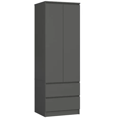 AKORD Kleiderschrank Star S | Zweitürig mit 2 Schubladen - Kleiderschrank für kleine Räume, 60 cm breit mit Regalen und Kleiderstange. Minimalistisches Design in Graphitgrau, ideal für moderne Schlafzimmer.