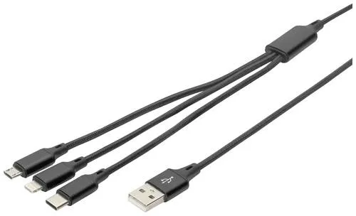 Digitus USB-Ladekabel Apple Lightning Stecker, USB-A Stecker, USB-C Stecker, USB-Micro-B Stecker 1.00 m Schwarz Extrem robuste Geflechtschirmung