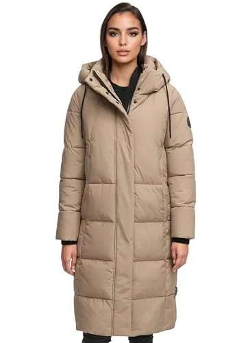 MARIKOO Damen Wintermantel N099 - Gesteppt mit abnehmbarer Kapuze - Stylischer Damen Wintermantel in TaupeGrey, ausgestattet mit abnehmbarer Kapuze und Bewegungsschlitz für optimalen Komfort an kalten Tagen.