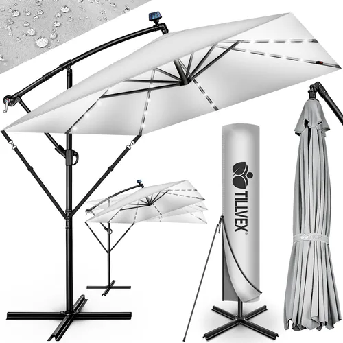 tillvex® Alu Sonnenschirm Rechteckig Ø 330 cm mit LED Solar - Sonnenschirm mit 32 LED-Lampen für stimmungsvolles Licht, 360° drehbar und mit hohem UV-Schutz bis UPF 50+ – ideal für Garten, Balkon oder Terrasse.