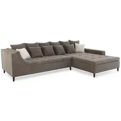 Ecksofa MONTEVIDEO - 326 x 213 cm - Taupe - Cord - Modernes Ecksofa mit bequemer Nosagunterfederung und 12 Kissen für höchsten Komfort. Ottomane beidseitig montierbar, ideal für flexible Raumgestaltung.