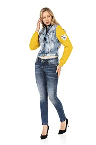 Cipo & Baxx Damen Freizeit Jeans Jacke - Funktionsjacken mit 2 in 1 Design: coole Jeansjacke mit farbigen Sweatärmeln und Destroyed Look, ideal für lässige Outfits.