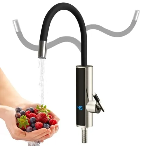 Wasserhahn mit Durchlauferhitzer 230V Edelstahl, 360° drehbar mit LED-Temperaturanzeige