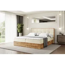 ALTDECOR Boxspringbett LOLLI7 - 160x200 cm Beige Samt - Komfortables Boxspringbett mit H3-Matratze und zwei praktischen Bettkästen aus Eiche für viel Stauraum, ideal für ein aufgeräumtes Schlafzimmer.