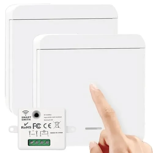 Funkschalter Set, 2 Funk Lichtschalter für Lampe & 1 Empfänger, 1 Taste Lichtschalter Funk-Wandschalter 50M Reichweite Intelligenter RF433-Schalter Funkschalter Set Keine Verkabelung Erforderlich Weiß
