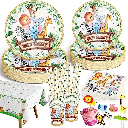 Ophy Dschungel Safari Partygeschirr Set，134 Stück Partygeschirr Kindergeburtstag, Grün Einweggeschirr Set für 25 Gäste Papier Teller, Tassen, Geburtstag Deko Wild One Partyzubehör Babyparty Set