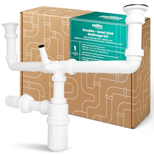 Millto Siphon Flaschensiphon für Doppelbeckenspüle 6/4'' 40/50 mm Ablaufgarnitur mit Geräteanschluss Geruchsverschluss Wasseranschluss Abflusssieb Kunststoff Ablaufventil Metallsieb