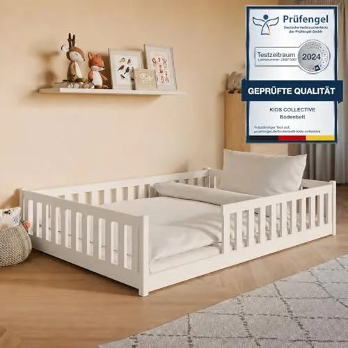 Kinderbett Bodenbett 140x200 cm mit Rausfallschutz und Matratze - Stylisches Bodenbett für Kinder mit Rausfallschutz, ideal für ein sicheres Schlafgefühl. Das robuste Kiefernholz und die niedrige Höhe fördern die Selbstständigkeit und bieten Platz zum Spielen und Entspannen.