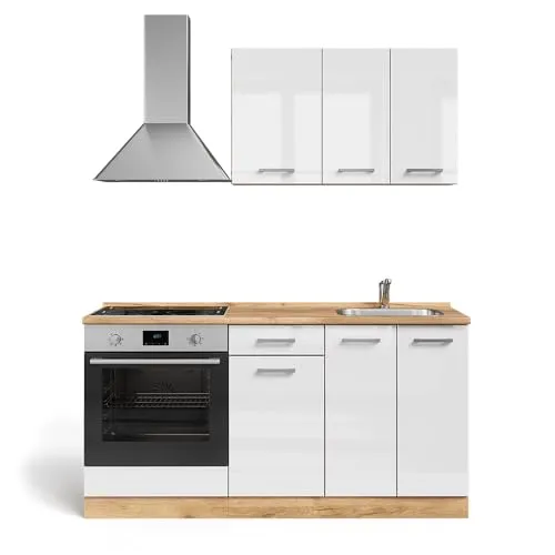 Vicco Küchenzeile R-Line, 160 cm in Weiß Hochglanz und Goldkraft Eiche - Moderne Küchenzeile mit viel Stauraum und modularer Bauweise, perfekt für kleine Räume. Individuell anpassbar und höhenverstellbar – ideal für Ihre persönliche Wohlfühlküche!