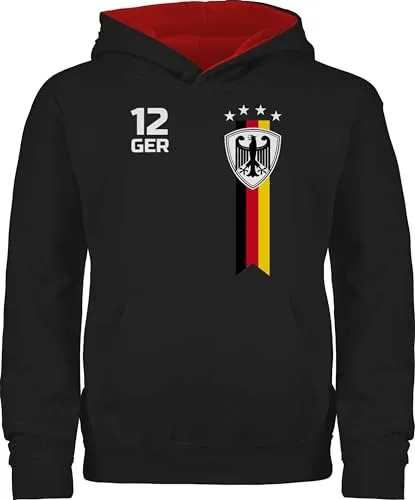 Pullover Kinder Hoodie Jungen Mädchen - Fußball EM - WM Fan Deutschland - 152 (12/13 Jahre) - Schwarz/Rot - Stylischer Hoodie für junge Fußballfans! Ideal für die EM und WM, mit Kapuze und aus strapazierfähigem Material. Perfekt für Kinder von 3 bis 13 Jahren, leicht zu pflegen und bequem für den Alltag.