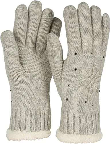 styleBREAKER Damen Handschuhe mit gestickter Schneeflocke, Strass und Fleece, warme Thermo Winter Strickhandschuhe 09010020, Farbe:Hellgrau