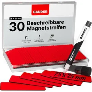 Gauder Magnetschilder ME-75x25, rot, 75 x 25 mm, für Handbeschriftung, 30 Stück