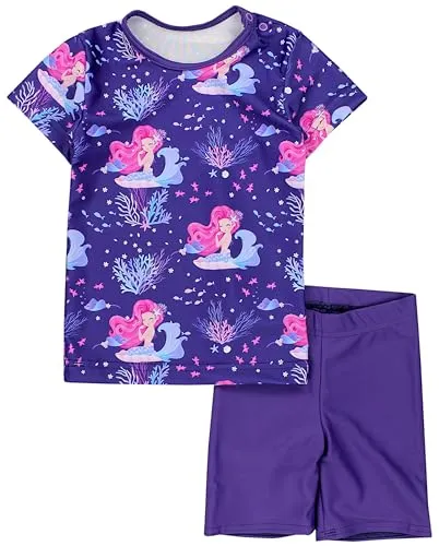 Aquarti Baby Mädchen Zweiteiler Kinder Badeanzug Bade-Set Bade T-Shirt Badehose UV-Schutz, Farbe: Meerjungfrau Rosa Hellblau Dunkelblau, Größe: 80