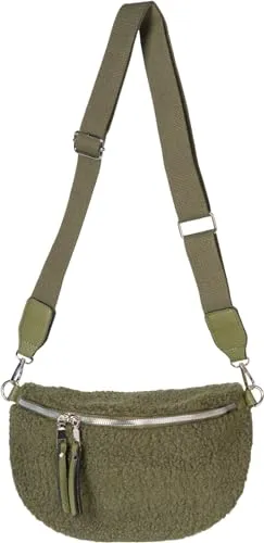 styleBREAKER Damen Teddyfell Halbmond Crossbody Schultertaschen Einfarbig, verstellbarer Schultergurt 02012403, Farbe:Oliv