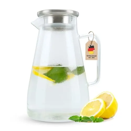 Intirilife Karaffe 1,8l - Vielseitiger Glas Krug mit Henkel und Deckel - Geschirr - Hitzebeständige Karaffe aus robustem Borosilikatglas, ideal für heiße und kalte Getränke. Praktisches Design und eleganter Look für jeden Anlass!