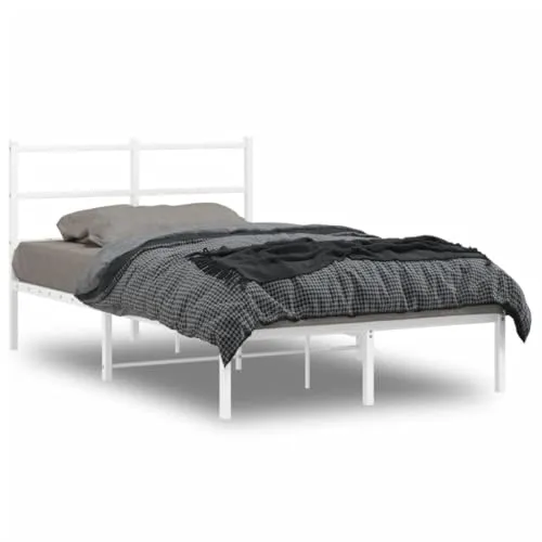Bettgestell mit Kopfteil Metall Weiß 120x200 cm - Stilvolles Bettgestell aus pulverbeschichtetem Stahl, mit robustem Lattenrost und zusätzlichem Stauraum, ideal für dein Schlafzimmer.
