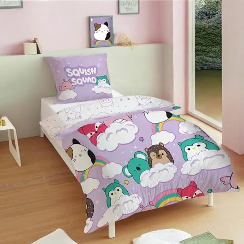 Squishmallows Bettwäsche Set 135x200cm Deckenbezug & 80x80cm Kissenbezug (2-teilig) - Oeko-TEX-Zertifiziert & 100% Baumwolle - Glatte Wendebettwäsche mit Knopfleiste - Für Kinder Sammler und Fans