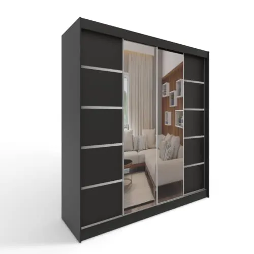ML Furniture C5 Schiebetüren Kleiderschrank 150 x 200 cm mit Spiegel - Kleiderschrank mit 2 Schiebetüren, klassischem Design und viel Stauraum. Der integrierte Spiegel lässt Ihren Raum größer erscheinen. Ideal für Schlafzimmer und Mehrzwecknutzung.