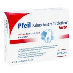 Pfeil Zahnschmerz-Tabletten forte 400mg - Arzneimittel zur Linderung von Zahnschmerzen, Kopfschmerzen und Fieber. Mit 400 mg Ibuprofen pro Tablette bietet es schnelle Schmerzreduktion und Entzündungshemmung.