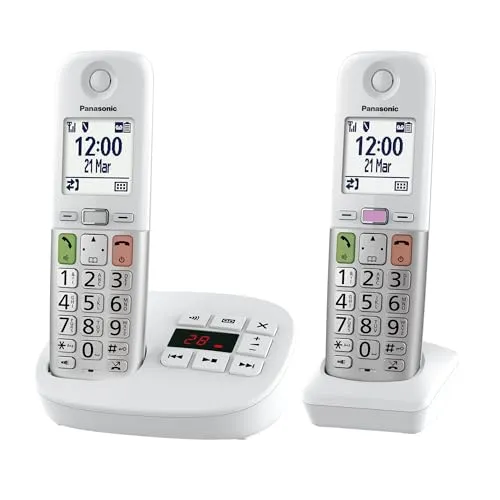 Panasonic KX-TGU432EXW digitales schnurloses Telefon - Digitales Telefon mit 2 Mobilteilen, großem LCD-Display und Taschenlampe. Ideal für Senioren dank verbesserter Lautstärke und Anrufblockierung. Perfekte Wahl für klare Kommunikation!