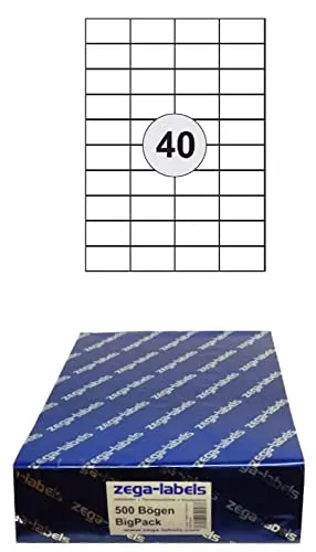 20.000 Etiketten 52,5 x 29,7 mm selbstklebend auf DIN A4 Bögen (4x10 Etiketten) - 500 Blatt Bigpack - Universell für Laser/Inkjet/Kopierer/Farblaser einsetzbar - 52x29mm 40-teilig