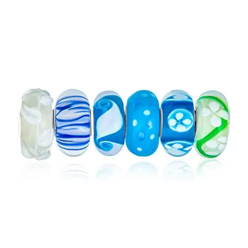Gemischtes Set Aus Bündel .925 Sterling Silber Kern Transparente Schattierungen Von Aqua Blau Weiß Muranoglas Wirbelblumen-Charm-Bead-Spacer Passt Zu Europäischem Armband Für Frauen Teenager
