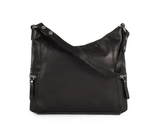 Spikes & Sparrow Leder Umhängetasche Toronto, Schwarz - Damen-Schultertasche aus hochwertigem Bronco-Leder, mit mehreren Reißverschlussfächern für optimale Aufbewahrung und abnehmbarem Riemen für vielseitigen Tragekomfort.