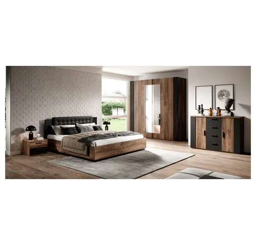 Schlafzimmer Set Eiche Nb. mit Bett, Lattenrost, Kommode und Schrank - 5-teiliges Schlafzimmer Set in modernem Design, inklusive Bettgestell und praktischen Stauraumlösungen. Ideal für stilvolle und funktionale Schlafzimmergestaltung.