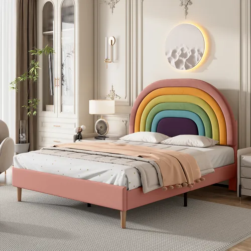 Polsterbett 140x200 cm mit höhenverstellbarem Kopfteil - Rosa Samt - Elegantes Polsterbett mit Lattenrost, höhenverstellbarem Kopfteil und robustem Massivholzgestell. Ideal für ein modernes Schlafzimmer. Komfortabel und stilvoll in Rosa.