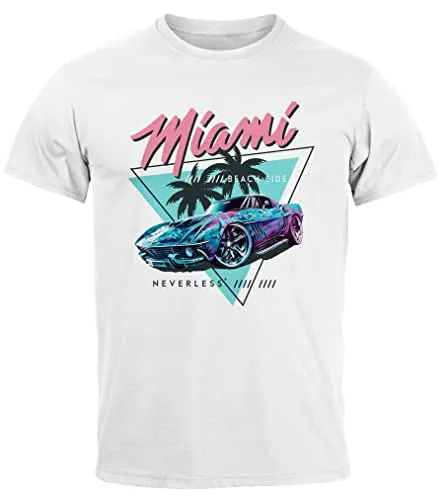 Neverless® Herren T-Shirt Bedruckt Miami Beach Surfing Motiv USA Retro Automobil 80er Fashion Streetstyle weiß L