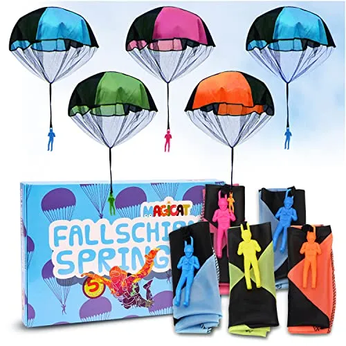 Magicat Premium Fallschirmspringer Set für Kinder - 5 Fallschirm Springer I Outdoor Spielzeug I Mitgebsel Kindergeburtstag l Gastgeschenke und Spiele für Jungen und Mädchen