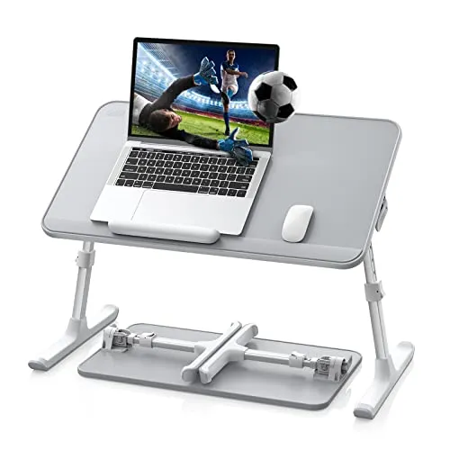 SAIJI Laptoptisch fürs Bett, einstellbare Höhe, Neigungswinkel, Laptoptisch mit klappbare Beine, Rodelfüße, Tischplatte aus PVC-Leder, Kompatibel mit Laptops bis zu 17 Zoll (Grau, 52 * 30cm)