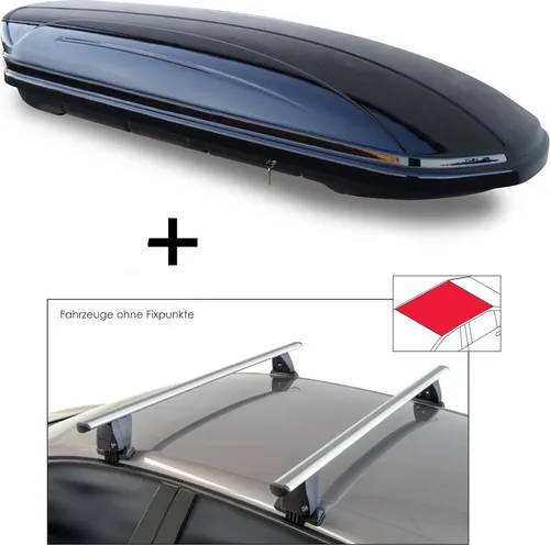 Dachbox VDPMAA460 460 Liter schwarz glänzend abschließbar + Dachträger VDP Delta kompatibel mit RAM 1200 (4 Türer) ab 2016