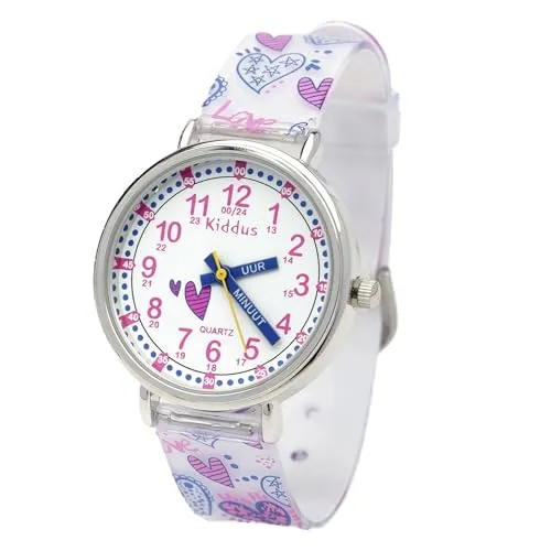 Kiddus Lern Armbanduhr für Kinder. Analoge Armbanduhr mit Zeitlernübungen, japanischen Quarzwerk, gut lesbar, um ganz leicht zu Lernen, die Uhr zu lesen. Niederländisch Hearts KI10326