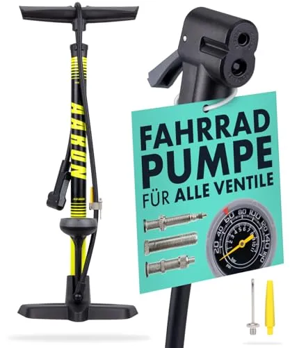 AARON Sport One Fahrrad Standpumpe mit Manometer – Universell für alle Ventile - Hochdruckpumpe für E-Bikes, Mountainbikes und Rennräder. Mit robustem Standfuß und großem Manometer für einfache Handhabung. Inkl. Aufsätze für Bälle und Matratzen, ideal für vielseitige Anwendungen!